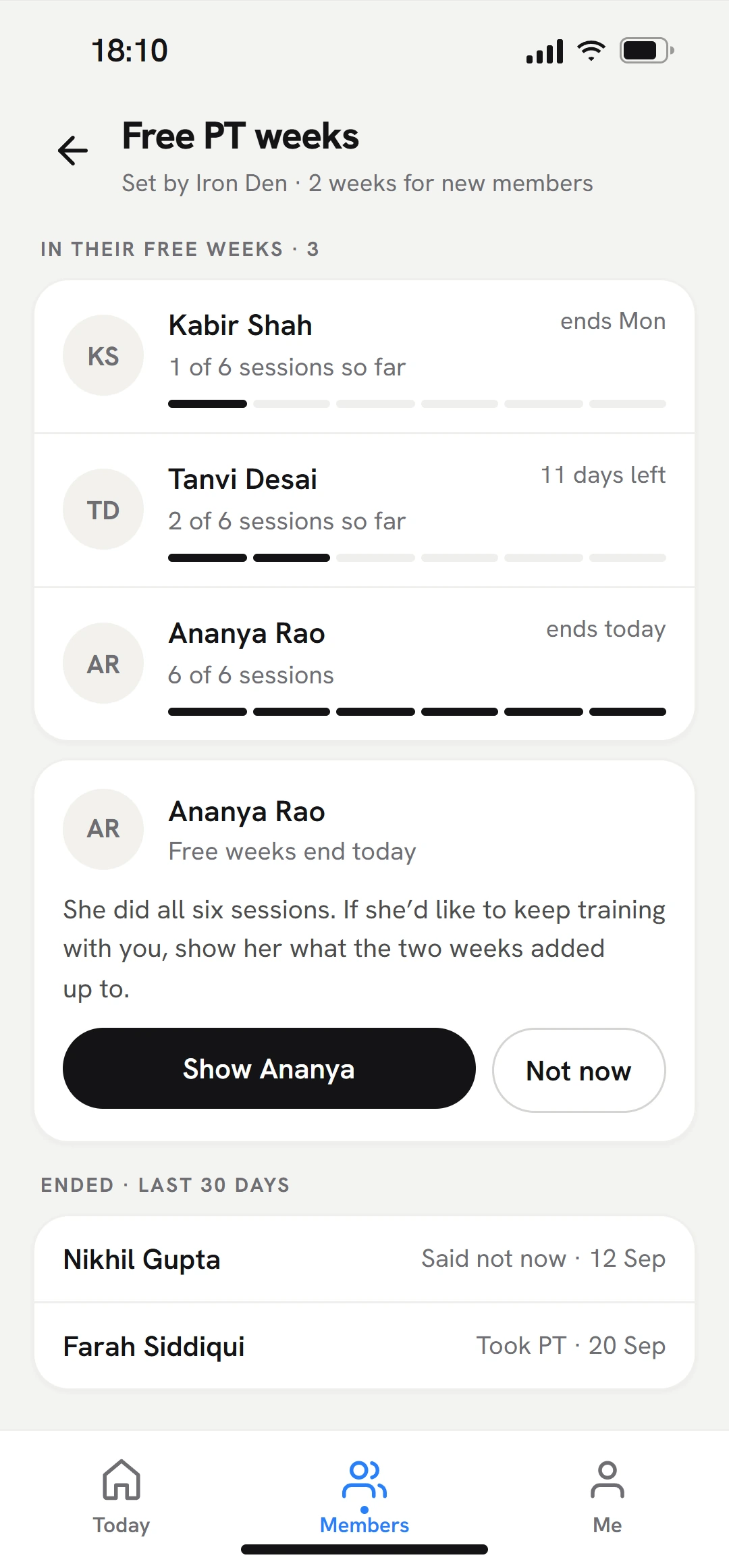 Free PT weeks: each new member's sessions counted toward a goal of six