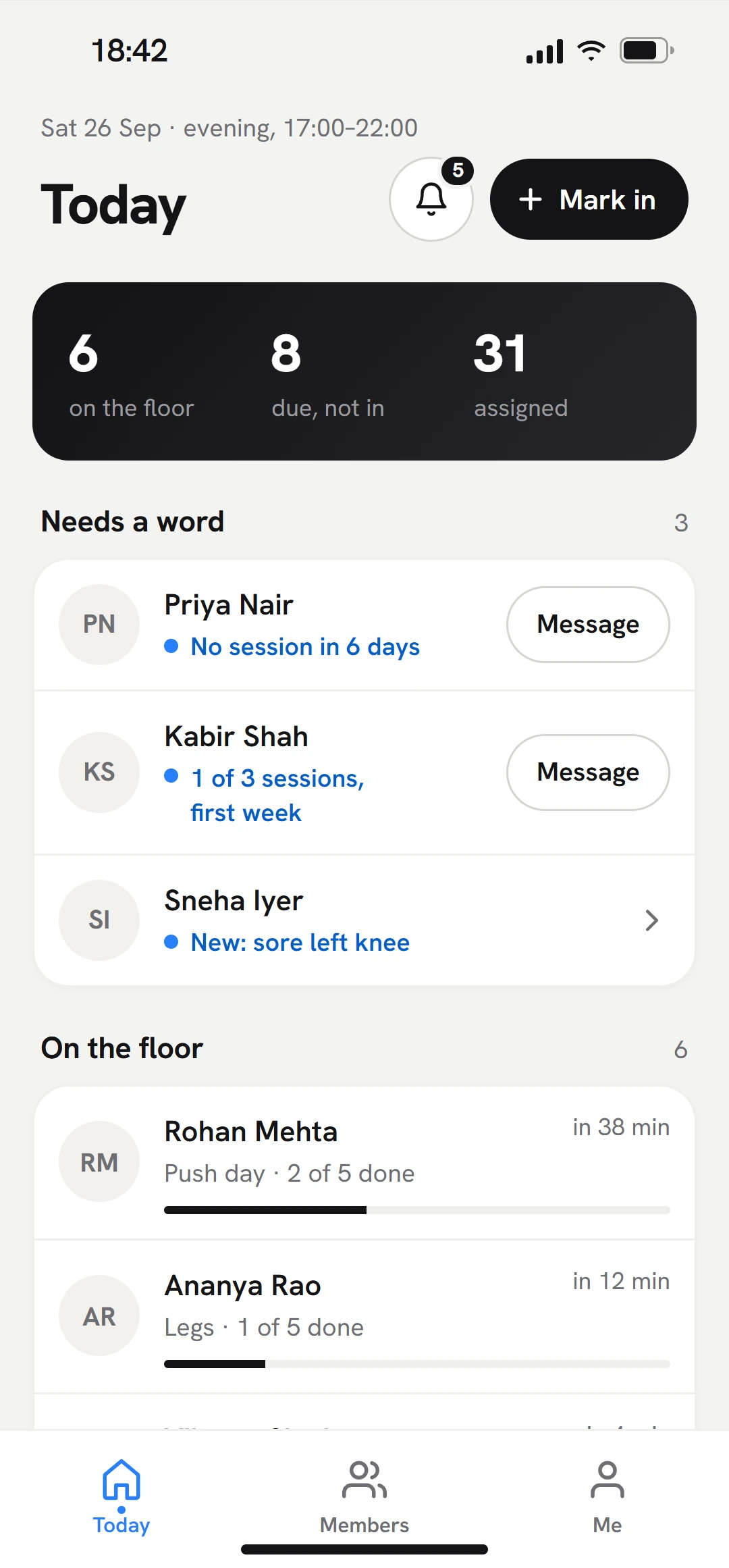 Today screen: 6 members in the gym, 8 due, 31 assigned, and a list of members who need a word